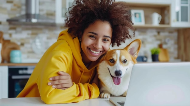 Woman with Corgi at Laptop