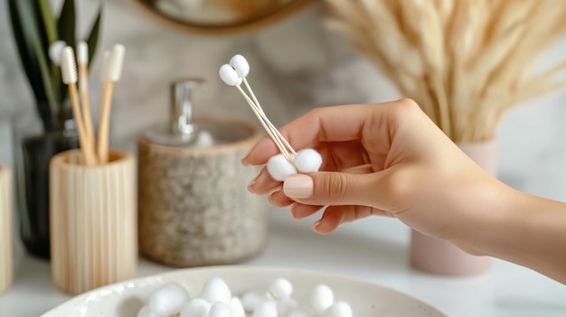 Photo woman with cotton buds indoors closeup bath accessories image