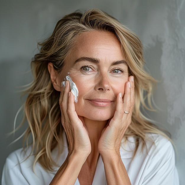 a woman with a cream on her face is holding a white object in her hand