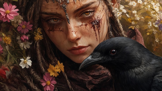 A woman with a crow on her shoulder in a field of flowers