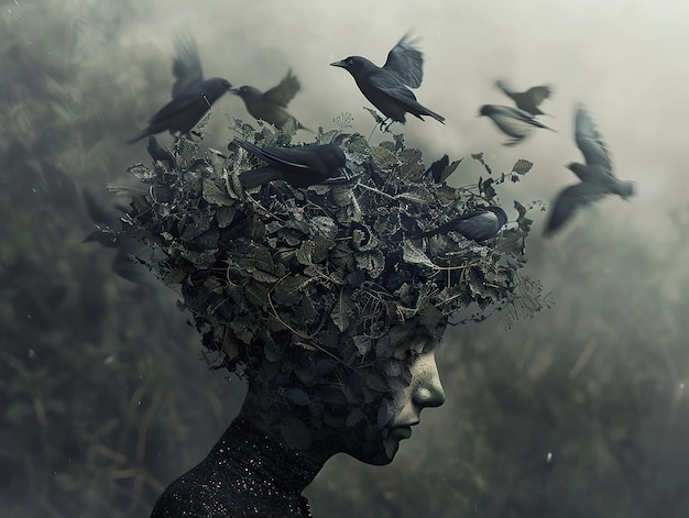 a woman with a crown of birds flying around her head