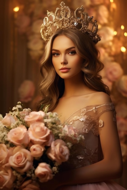 A woman with a crown and flowers in her hair