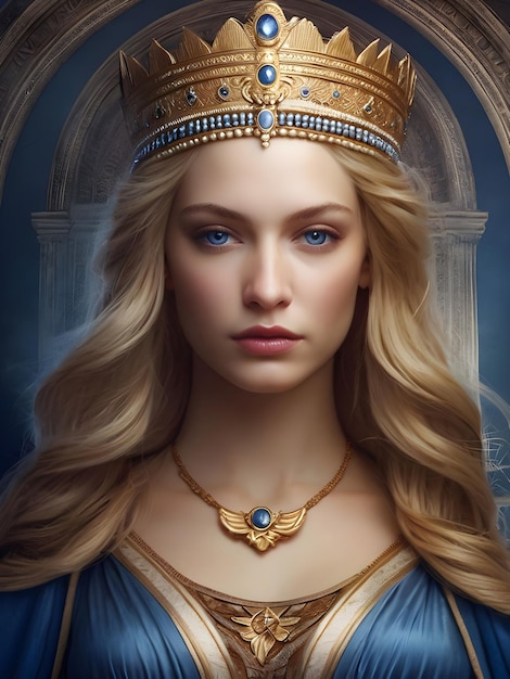 a woman with a crown and gold crown is wearing a gold crown