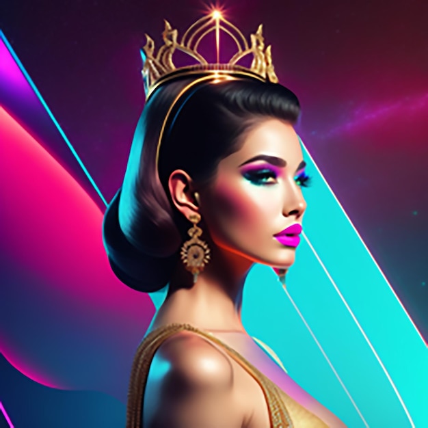 A woman with a crown on her head and a neon background.