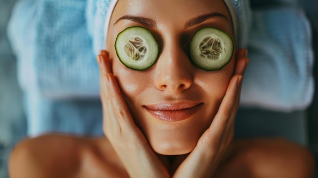 Photo a woman with cucumber slices on her eyes relaxing during a spa treatment