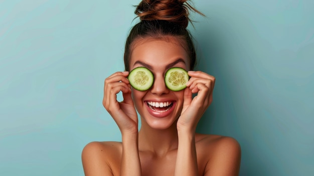 Photo a woman with cucumber slices