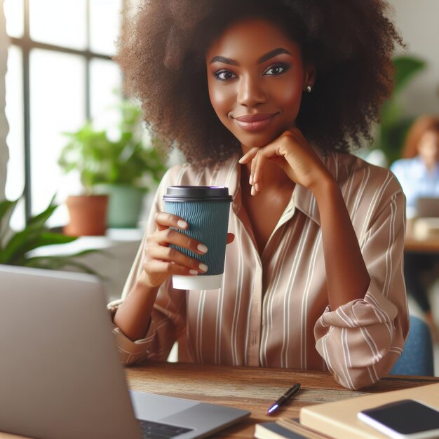 a woman with a cup of coffee and a laptop on the table