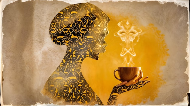 a woman with a cup of coffee and a picture of a woman holding a hot tea