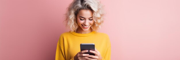 a woman with curly blonde hair is looking at a phone and smiling.