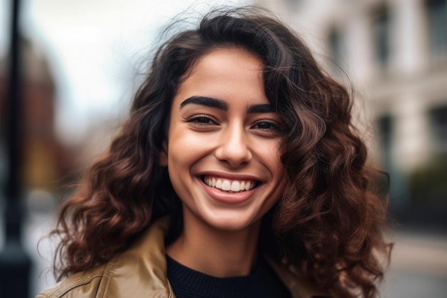 A woman with curly brown hair smiles for the camera.