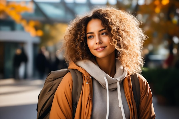 Woman with curly hair and backpack on street corner Generative AI