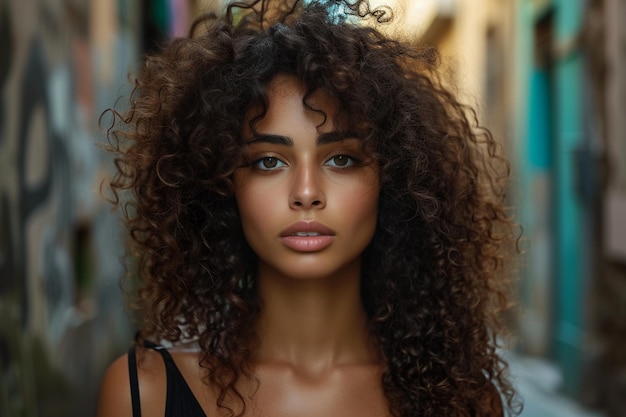 Photo a woman with curly hair and a black tank top is standing in front of a store