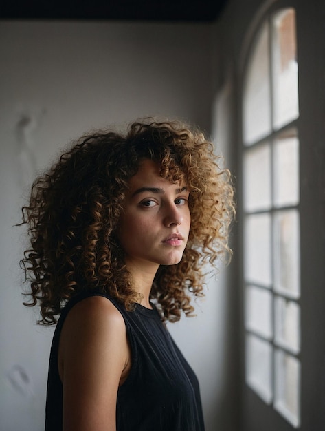 Photo a woman with curly hair and a black top stands in front of a window