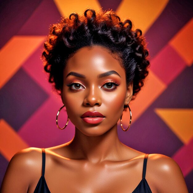 a woman with curly hair and a black top with a red and orange background