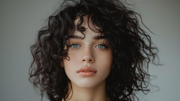 a woman with curly hair and a blue eyes