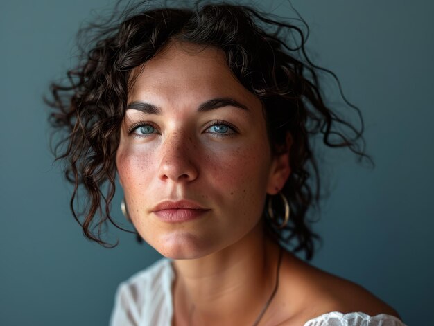 A woman with curly hair and blue eyes