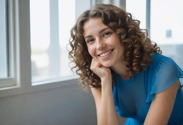 a woman with curly hair and a blue shirt is sitting on a table