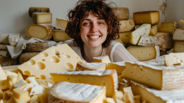 Photo a woman with curly hair cheerfully surrounded by various kinds of cheeses forming a delightful composition