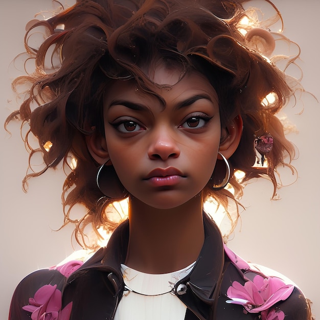 A woman with curly hair and a flower design on her shirt