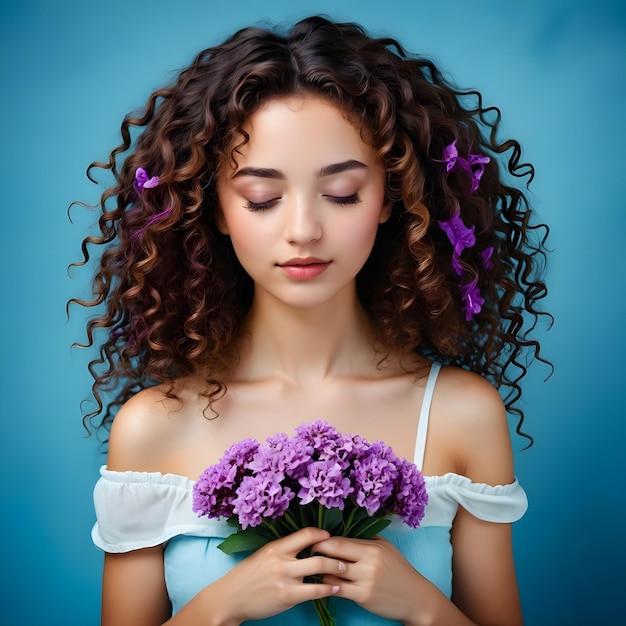 a woman with curly hair and a flower in her hand