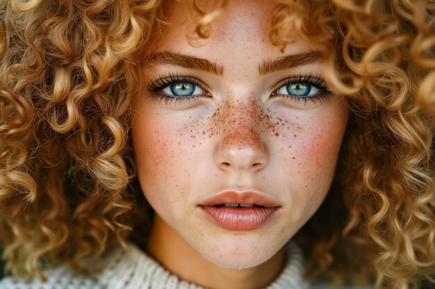 A woman with curly hair and freckles on her face