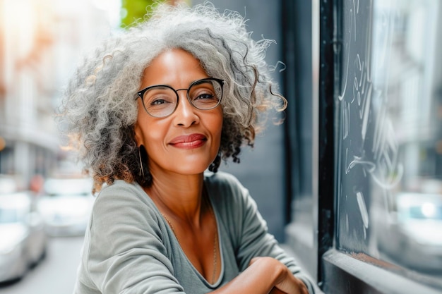 A woman with curly hair and glasses is smiling and looking out at the street