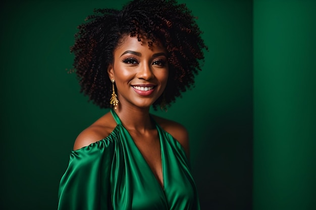 a woman with curly hair and a green dress with gold earrings