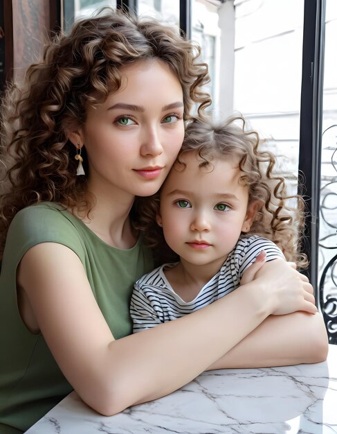 Photo a woman with curly hair and a green shirt is holding a young child