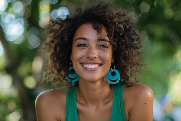 Photo a woman with curly hair and a green shirt is smiling