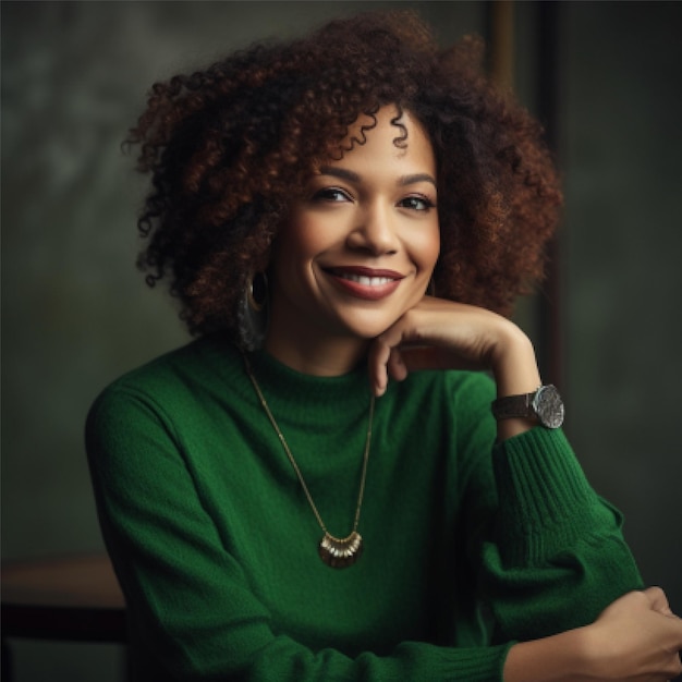 A woman with curly hair and a green sweater is smiling.