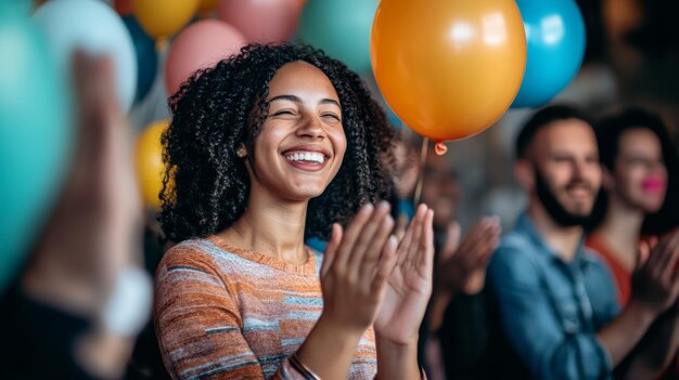 Photo a woman with curly hair holds balloons in front of her with other people behind her