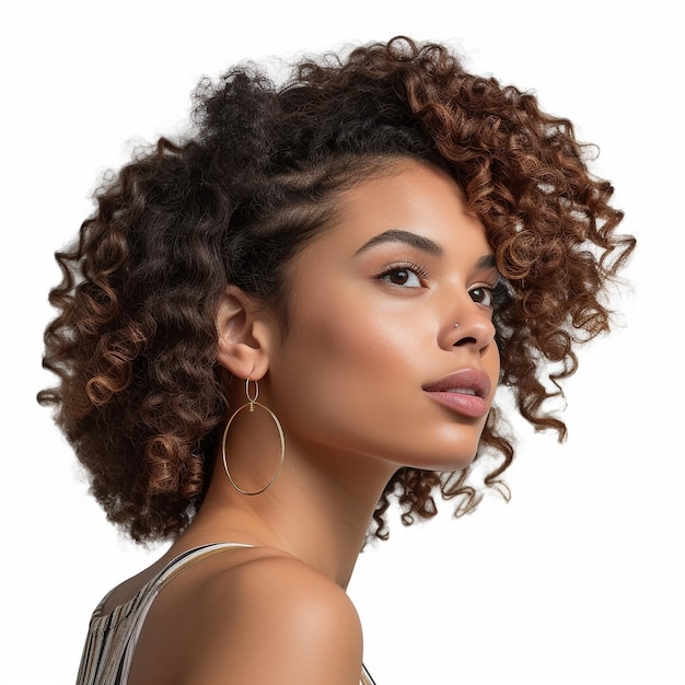 A woman with curly hair and a hooped earring.