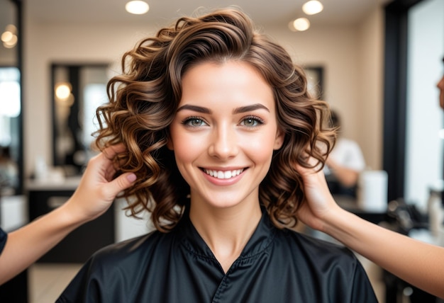 a woman with curly hair is getting her hair done