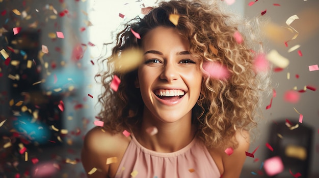 Photo a woman with curly hair is laughing and smiling.