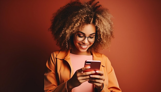 a woman with curly hair is looking at her phone