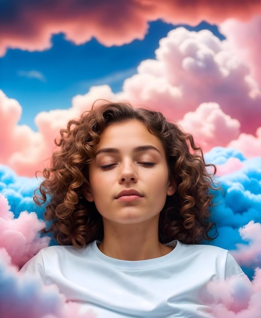 Photo a woman with curly hair is posing in front of a cloudy sky