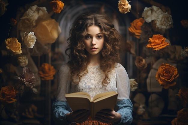 a woman with curly hair is reading a book with flowers in the background.