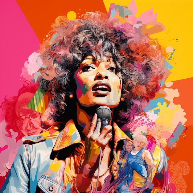 a woman with curly hair is singing in front of a colorful background