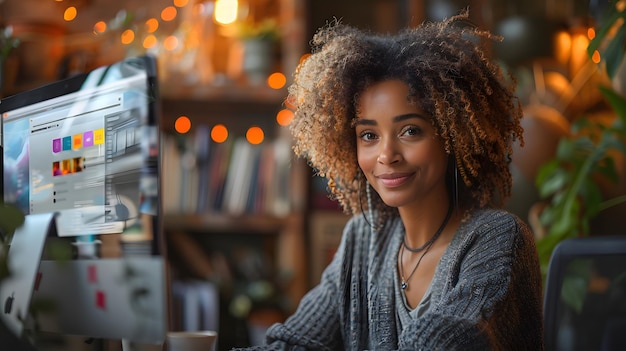 A woman with curly hair is sitting in front of a computer monitor She is smiling and she is enjoying her work