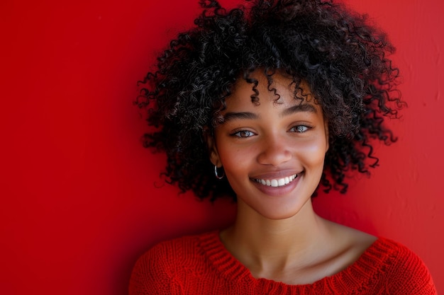 A woman with curly hair is smiling at the camera