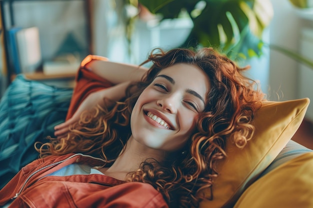 Photo a woman with curly hair is smiling and laying on a couch generative ai