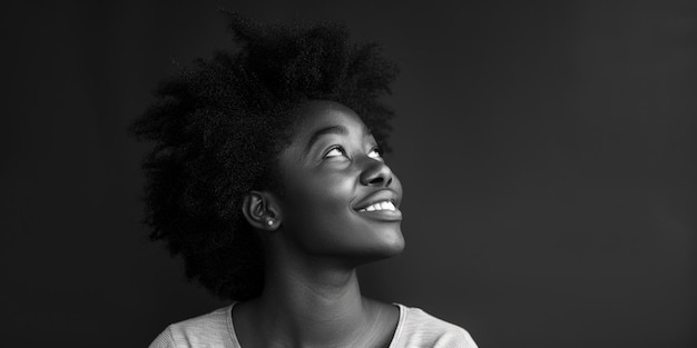 A woman with curly hair is smiling and looking up at the sky