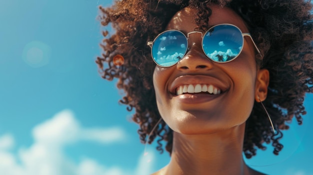 A woman with curly hair is smiling and wearing sunglasses