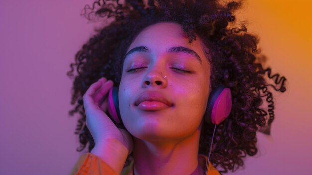 A woman with curly hair is wearing headphones and listening to music