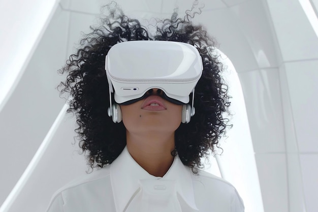 Woman with curly hair looking around in virtual reality goggles in white room