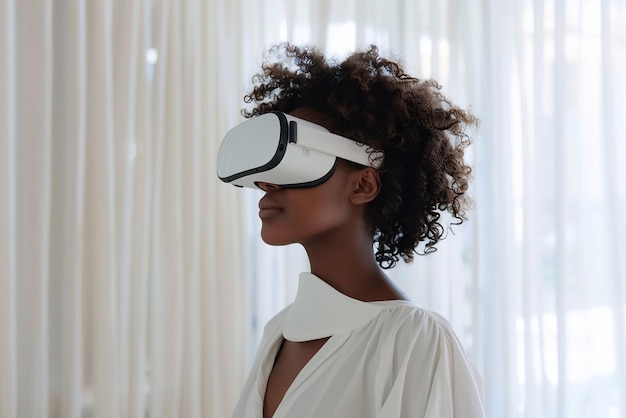 Woman with curly hair looking around in virtual reality goggles in white room