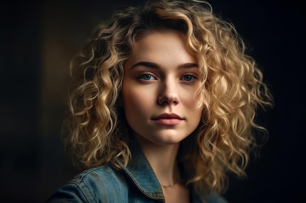 A woman with curly hair looks at the camera