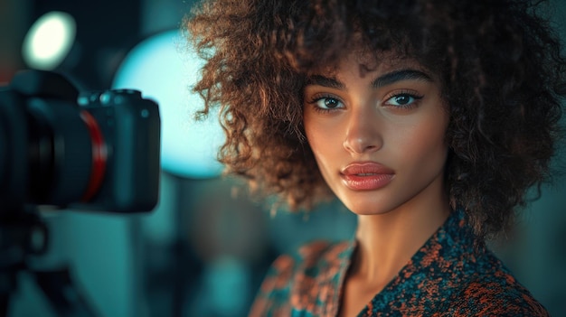 a woman with curly hair and a mirror