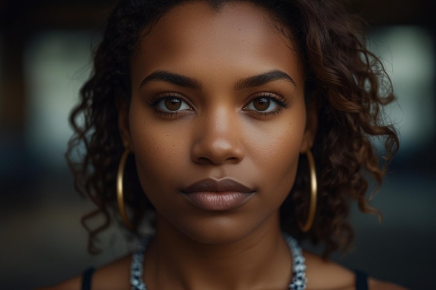 a woman with curly hair and a necklace on