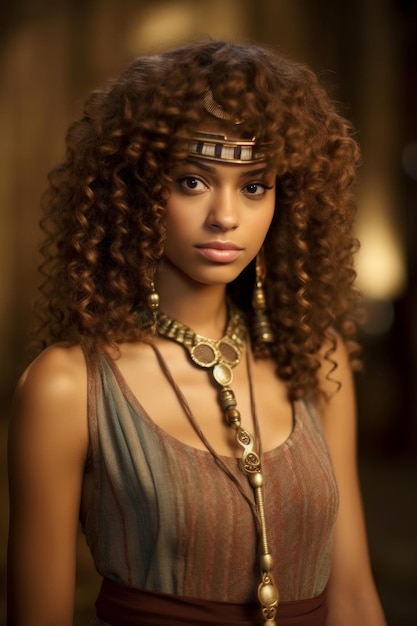 A woman with curly hair and a necklace